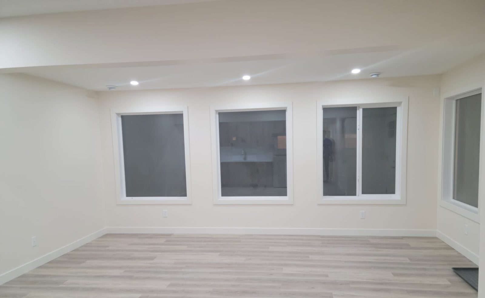 Finished basement living room with three egress windows and vinyl plank flooring